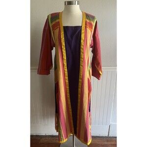 Vintage 70s Josefa Kaftan Tunic Dress Mexican Rainbow Ribbon Colorful Cotton M/L